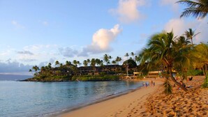 A beach with palm trees, a resort building, and a clear sky. - Hale Napili (Lahaina)
