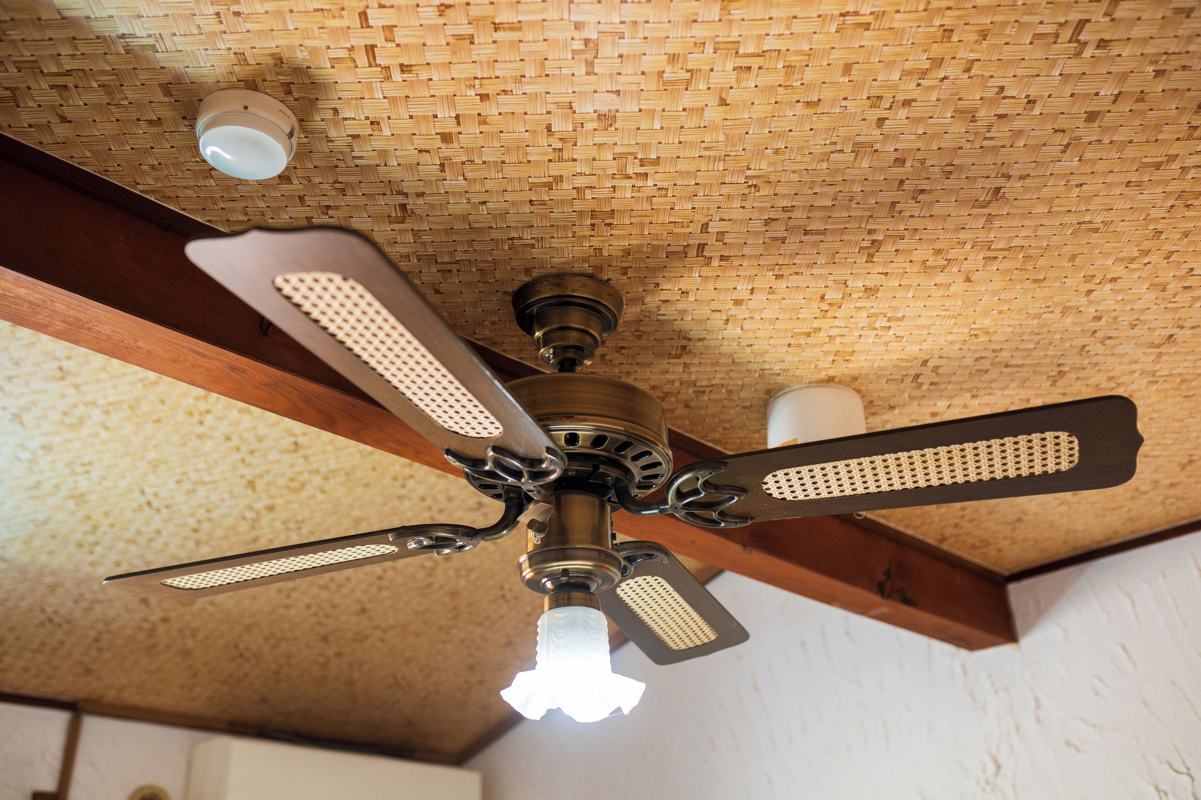 A ceiling fan with four blades and a light fixture.
