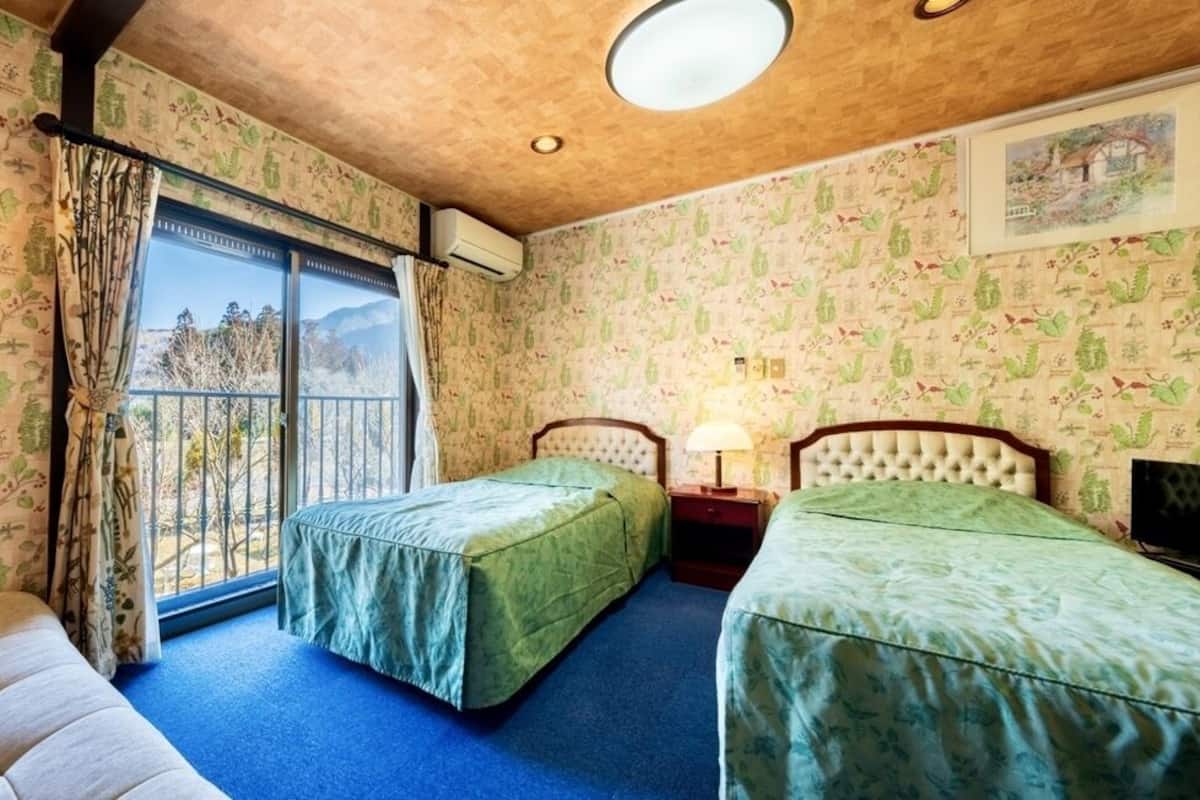 Una habitación con dos camas, una ventana con cortinas, una lámpara en el techo y un aire acondicionado instalado en la pared.