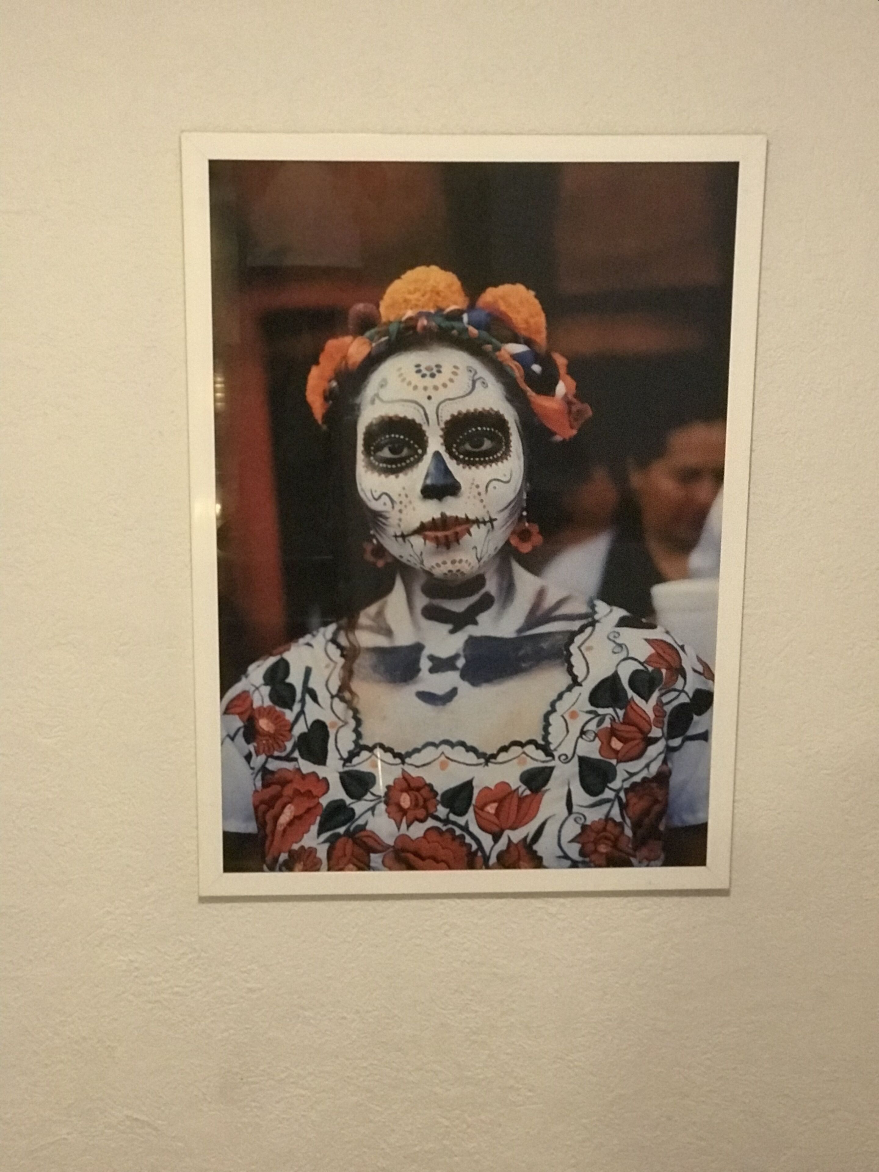 A framed artwork of a person in a traditional outfit with floral patterns.