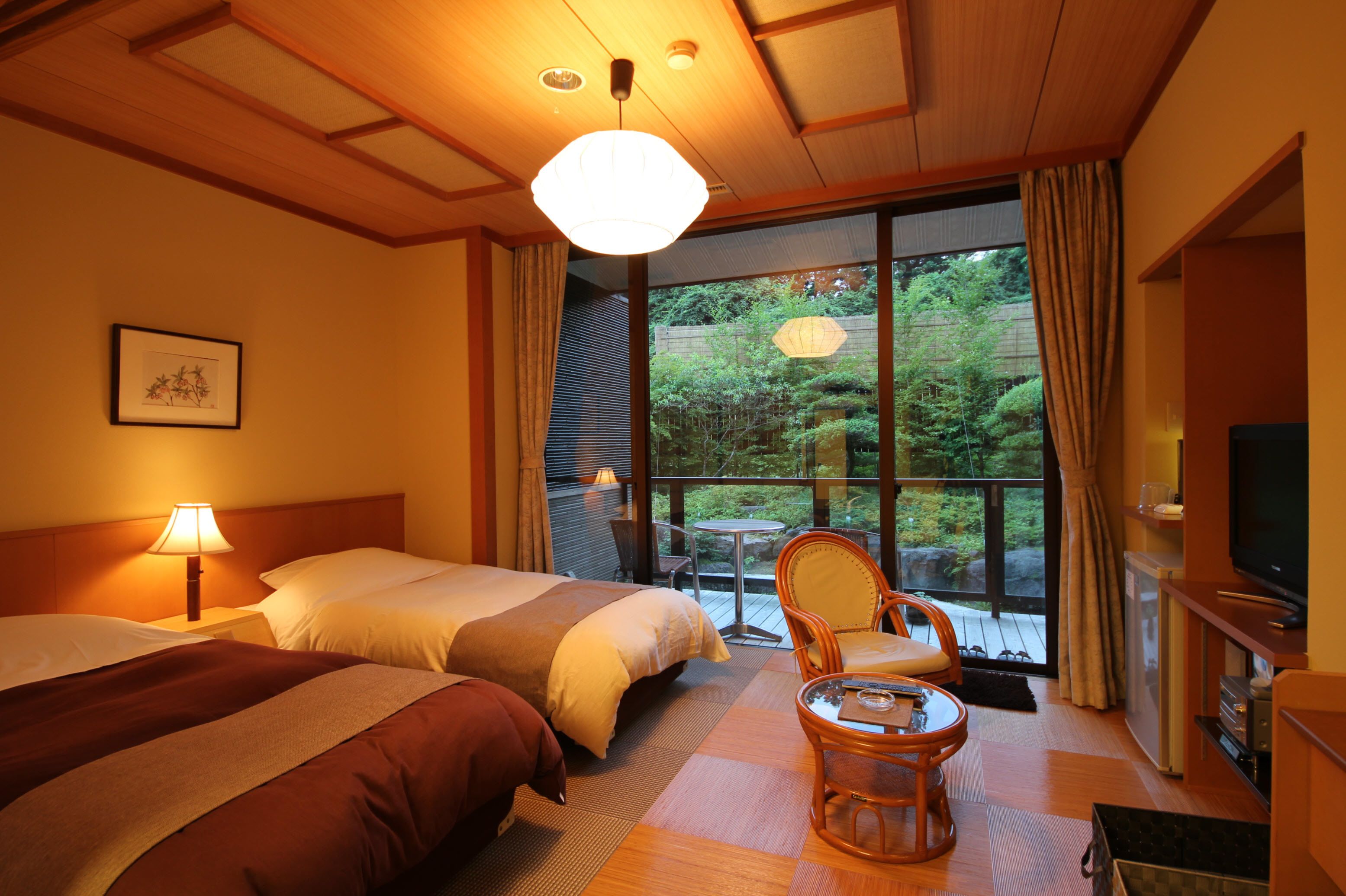 ginryu japanese twin room with open-air bath | premium bedding, down duvets, in-room safe, individually decorated