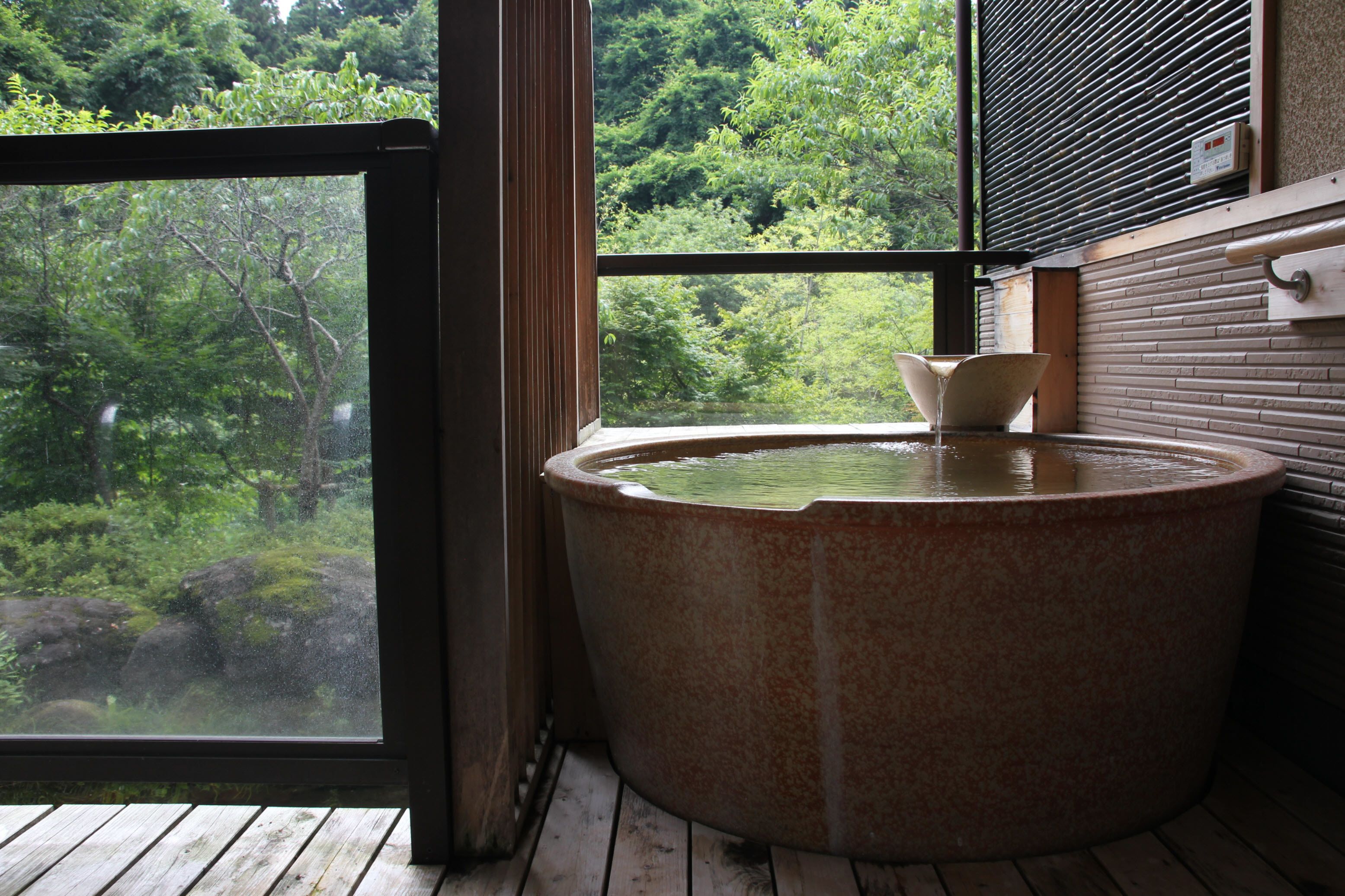 A hot tub with a view of a forest through a window.
