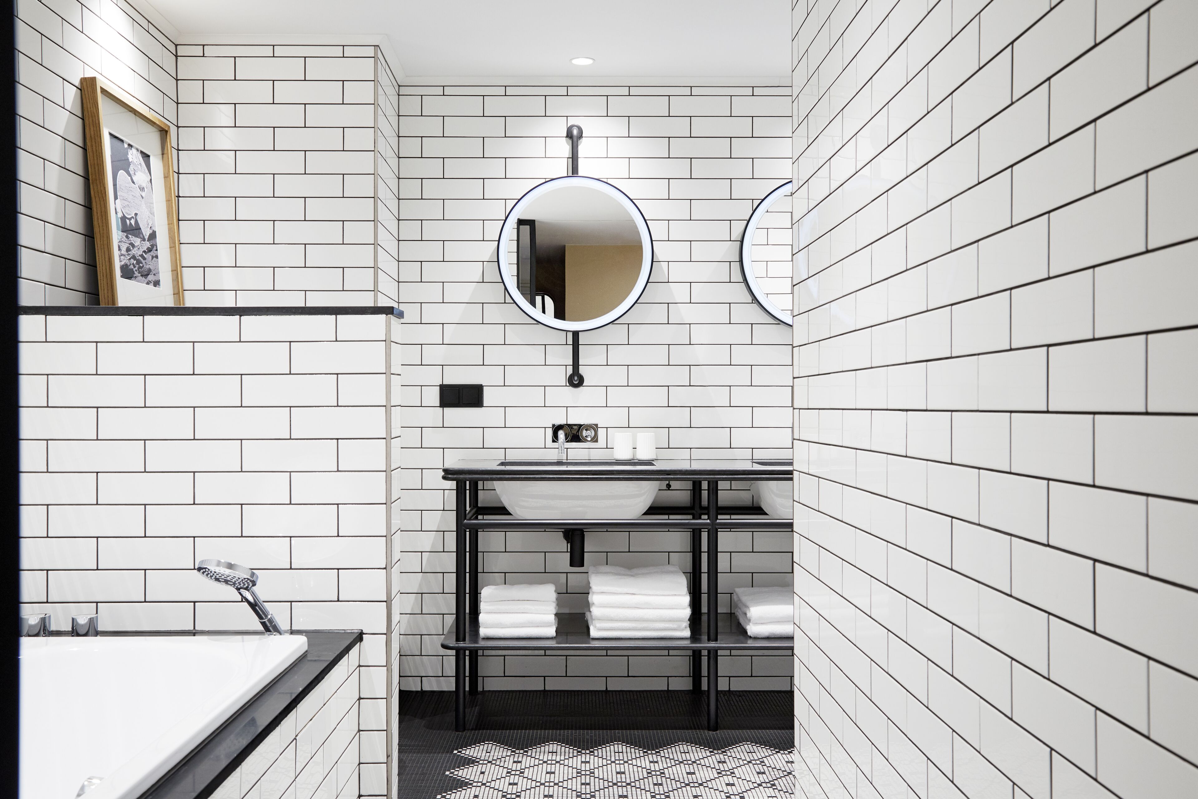 shower, rainfall showerhead, hair dryer, towels