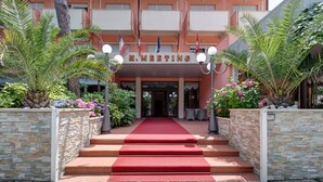 The entrance of a hotel with a red carpet and stone walls, featuring a sign that reads "H. MEETING". - Hotel Meeting (Cesenatico)