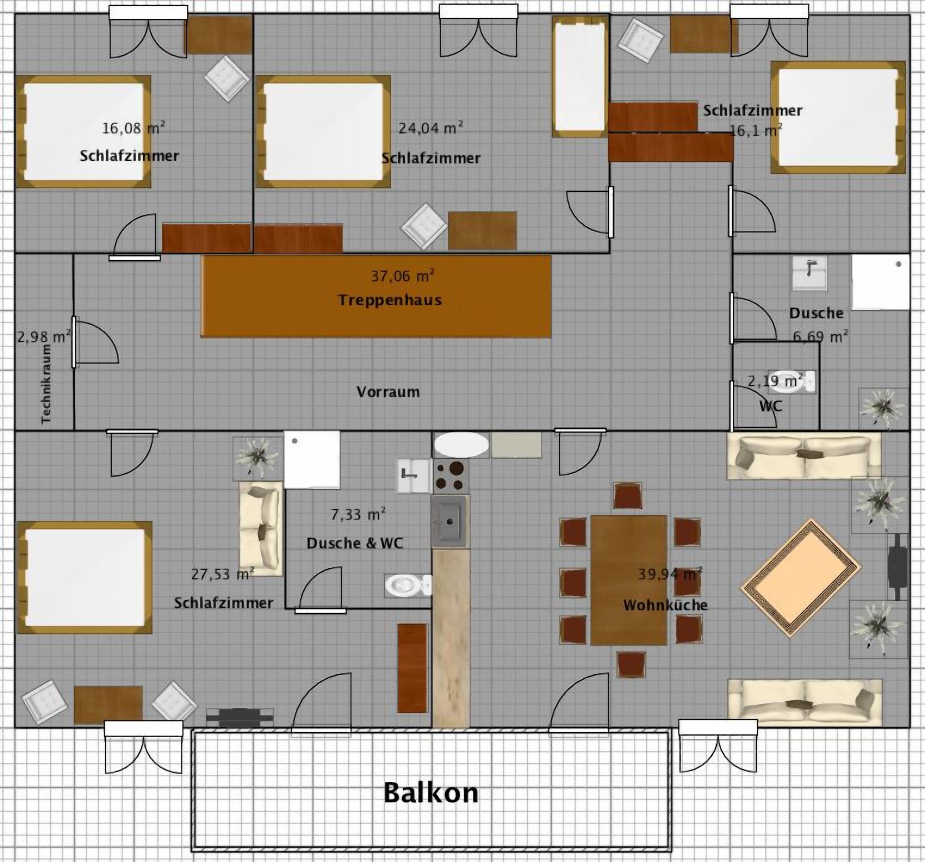 Un plan d’étage d’hôtel comprenant un salon, un coin repas, une cuisine, une salle de bain et un balcon.