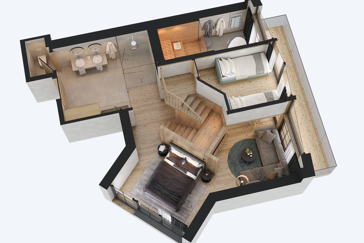 A 3D floor plan of a modern apartment with a living area, kitchen, bathroom, and a bedroom with a staircase.