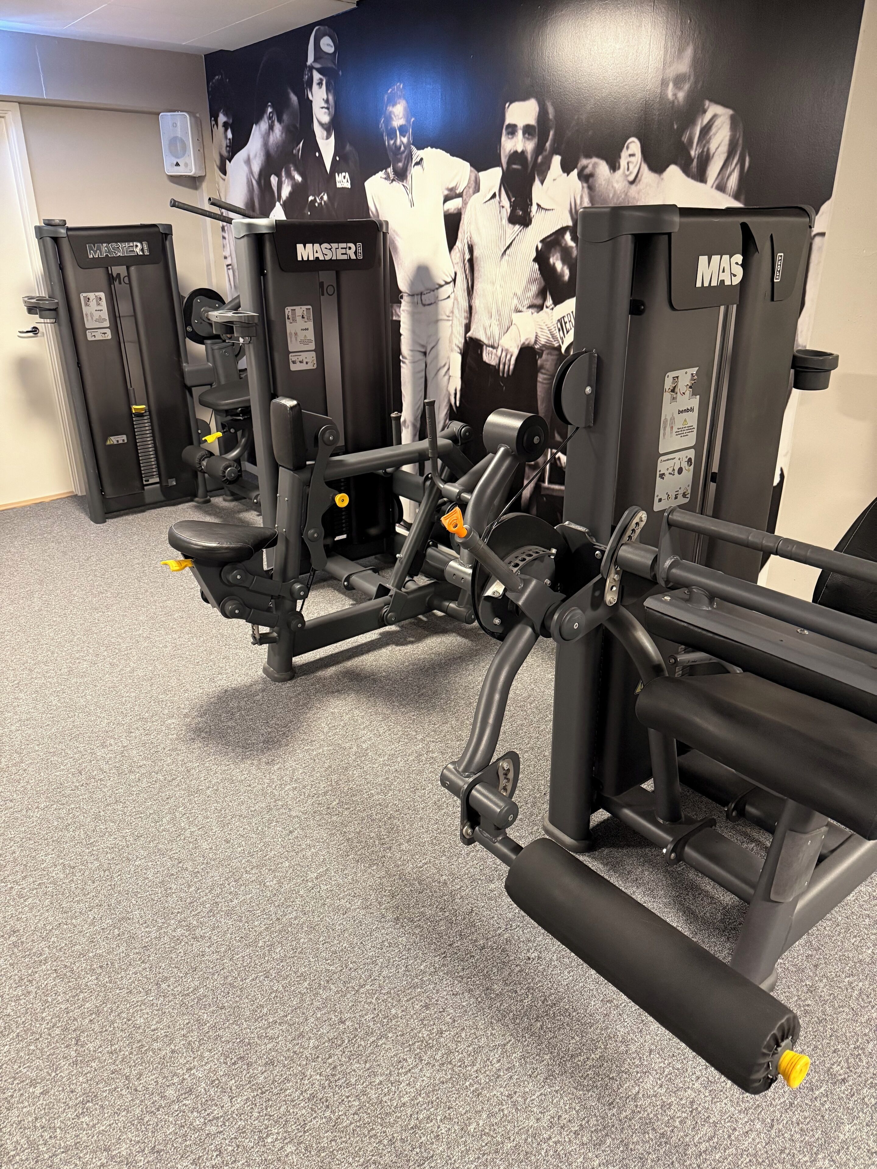 A gym with various exercise equipment, including a bench press and a squat rack.