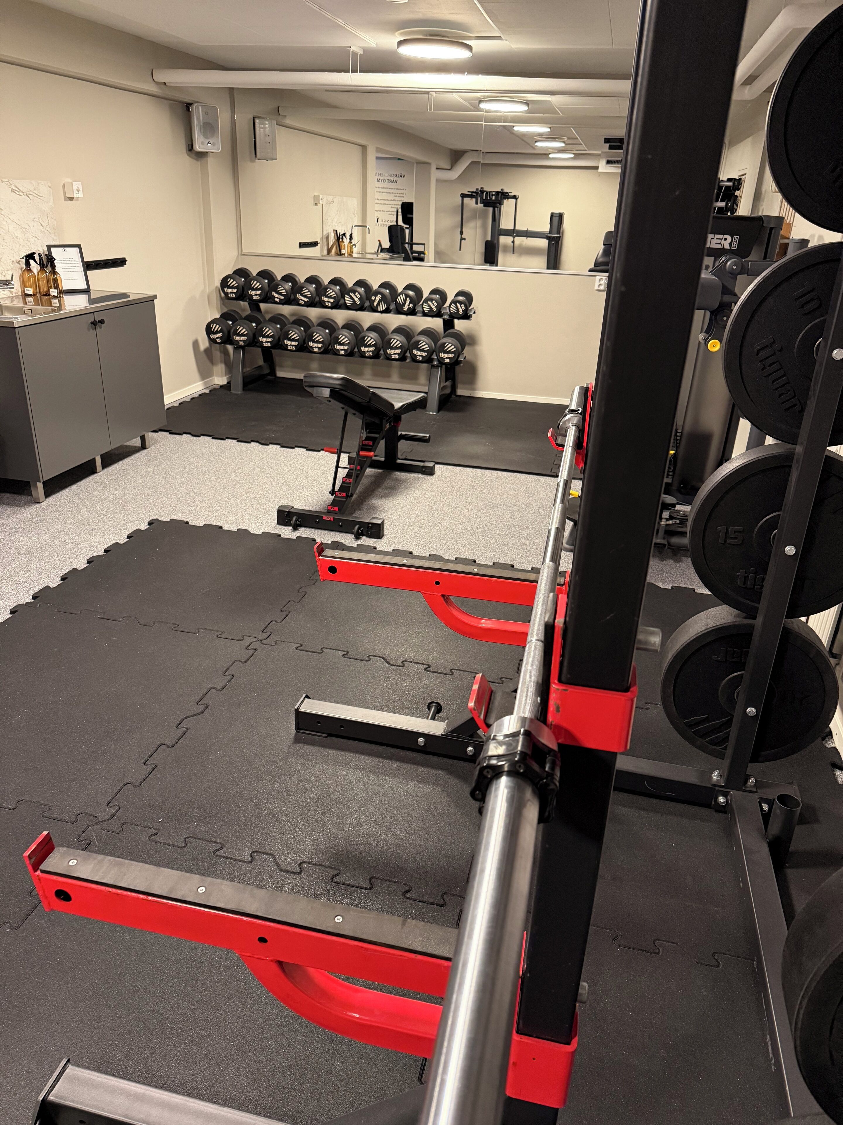 Une salle de sport équipée de matériel de musculation, d’un banc et d’un porte-haltères.