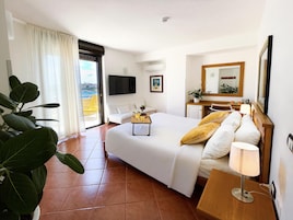 Habitación de hotel con cama, escritorio, silla, televisión, balcón con vistas y una planta.