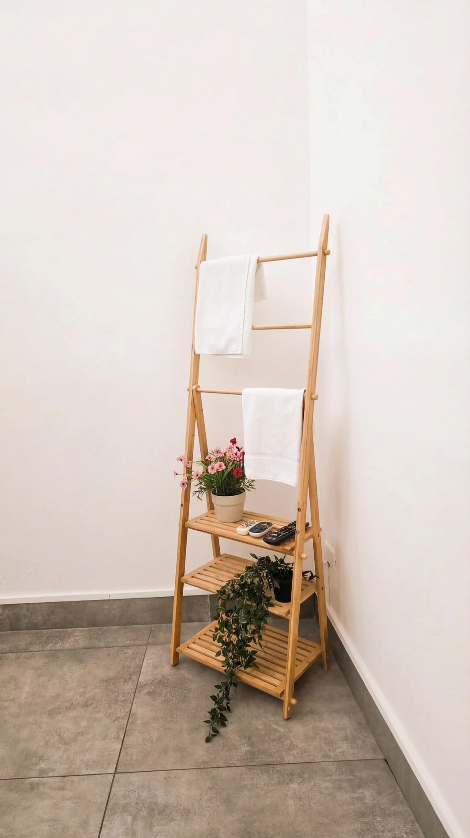 Een houten droogrek met witte handdoeken en potplanten.