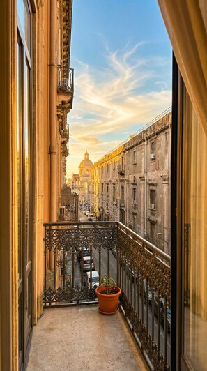 A balcony with ornate iron railings, a potted plant, and a view of a cityscape with historic buildings and a dome structure.