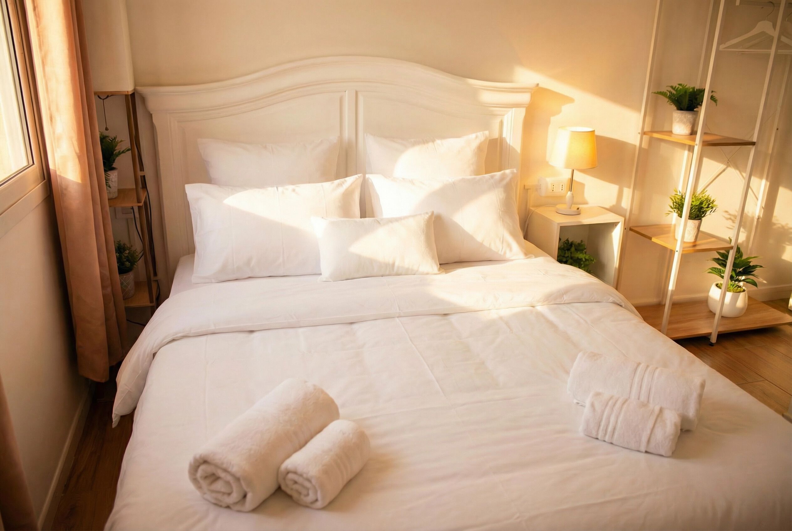 A neatly made bed with white linens and pillows, a bedside table with a lamp, and a shelf with plants.