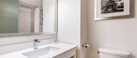 A bathroom with a white sink, a mirror, a toilet, and a framed picture on the wall.