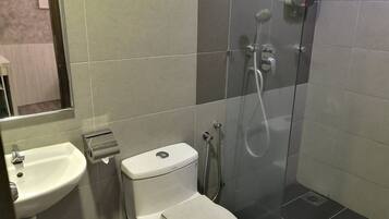 Shower, free toiletries, hair dryer, bidet
