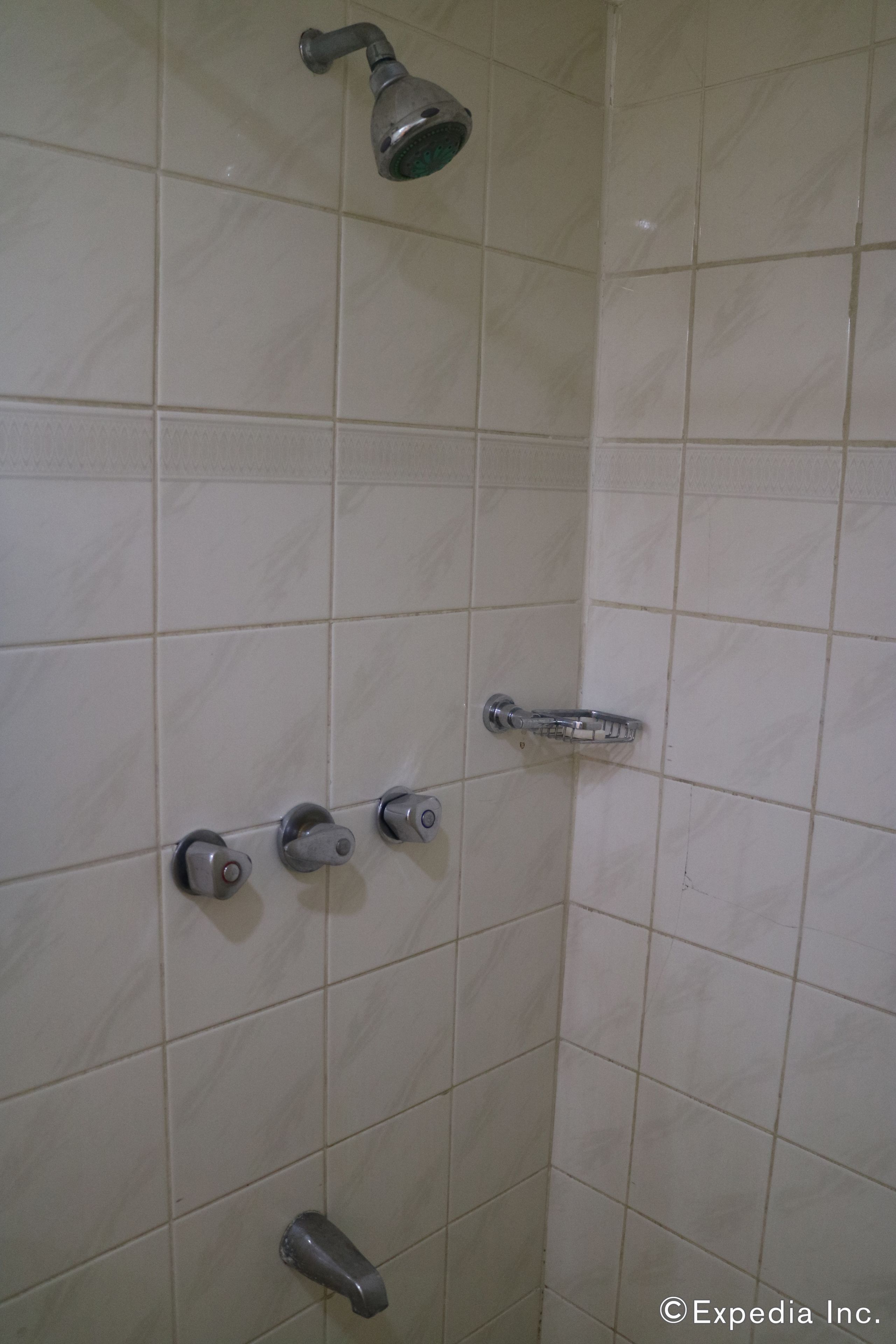 A bathroom with white tiled walls, a showerhead, and a handrail.