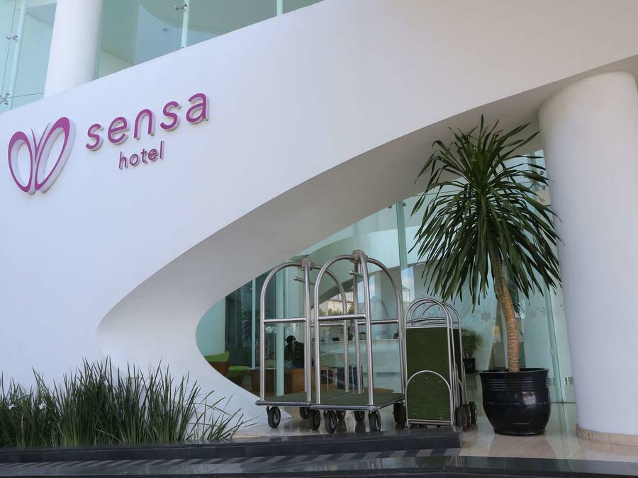 The entrance of the Sensa Hotel with a modern design, featuring a large glass facade and a palm tree in the foreground.