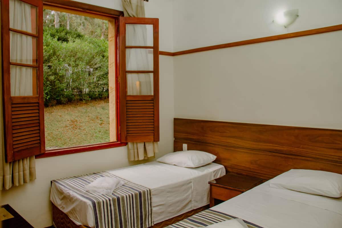 A single bed with a wooden headboard, a window with open shutters, and a view of greenery outside.