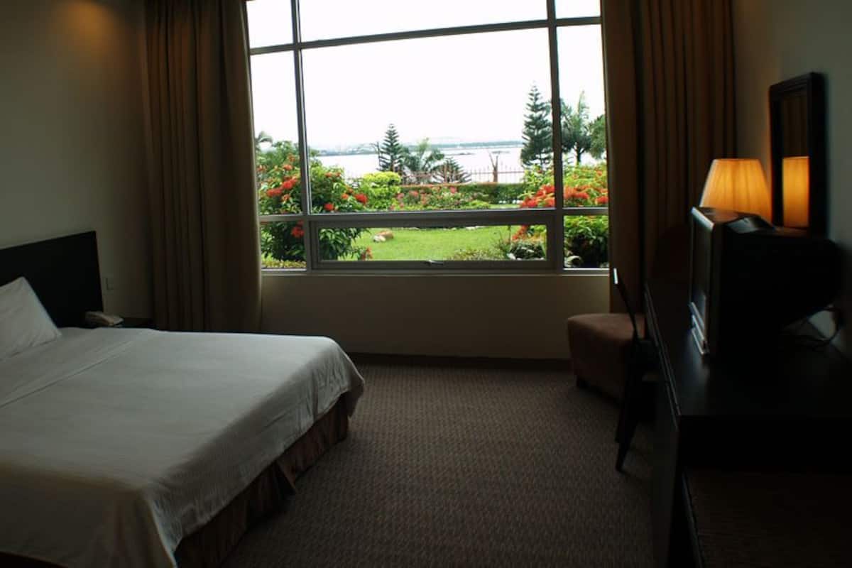 A hotel room with a large bed, a desk, a chair, and a window with a view of greenery and water.