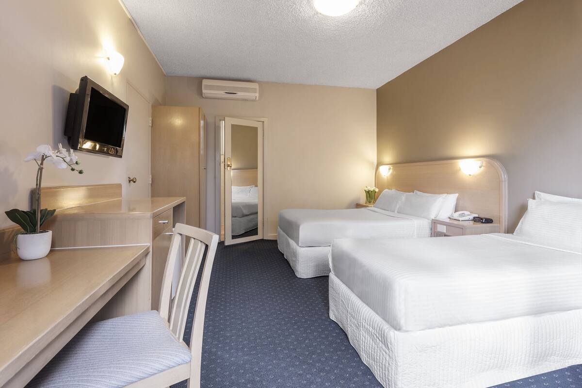 Een hotelkamer met een bureau, twee bedden, een televisie, een spiegel en een potplant.