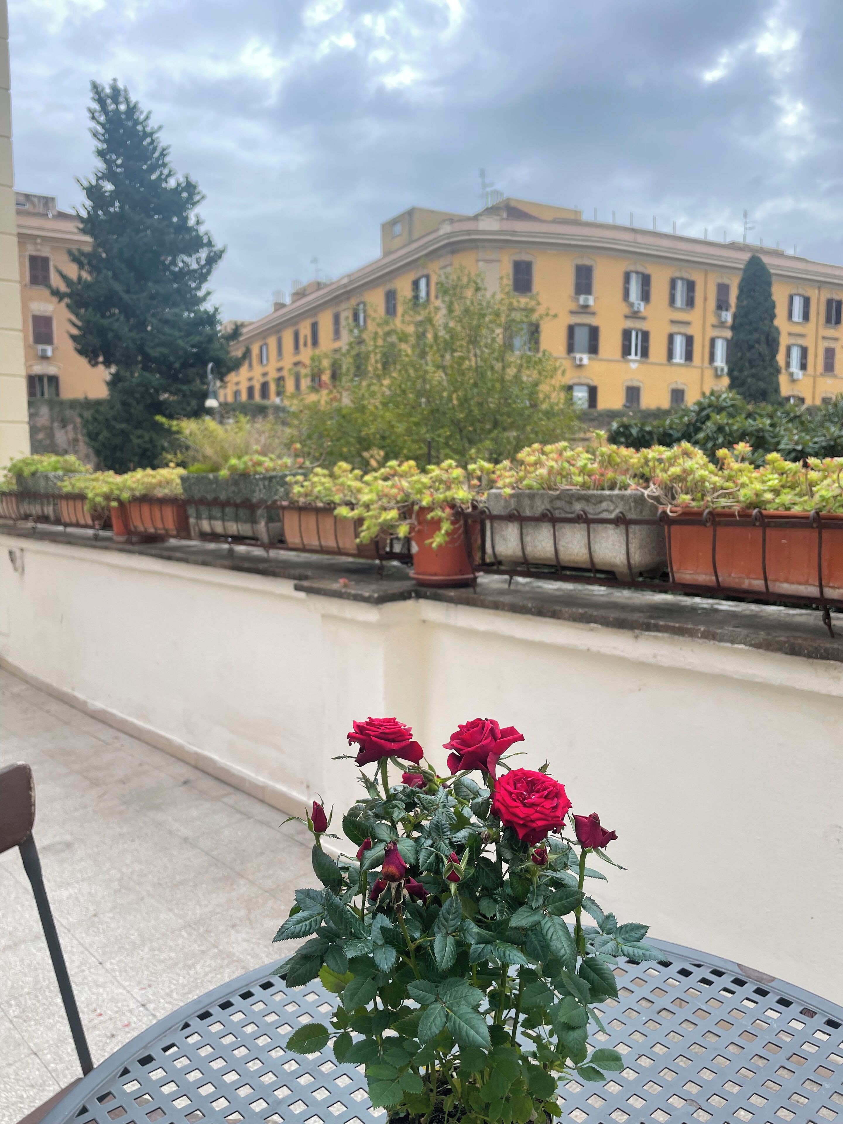 A balcony with potted plants and a table.