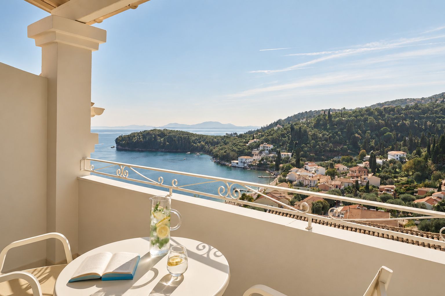 A balcony with a table, a chair, a book, a pitcher of drink, and a glass.