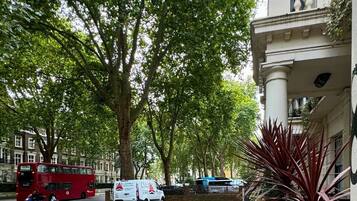A street with a double-decker bus, a white van, and a tree-lined sidewalk.