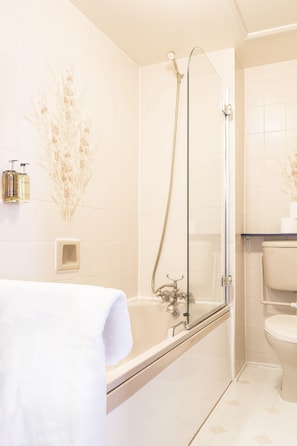 Eco-friendly toiletries, hair dryer, towels, toilet paper