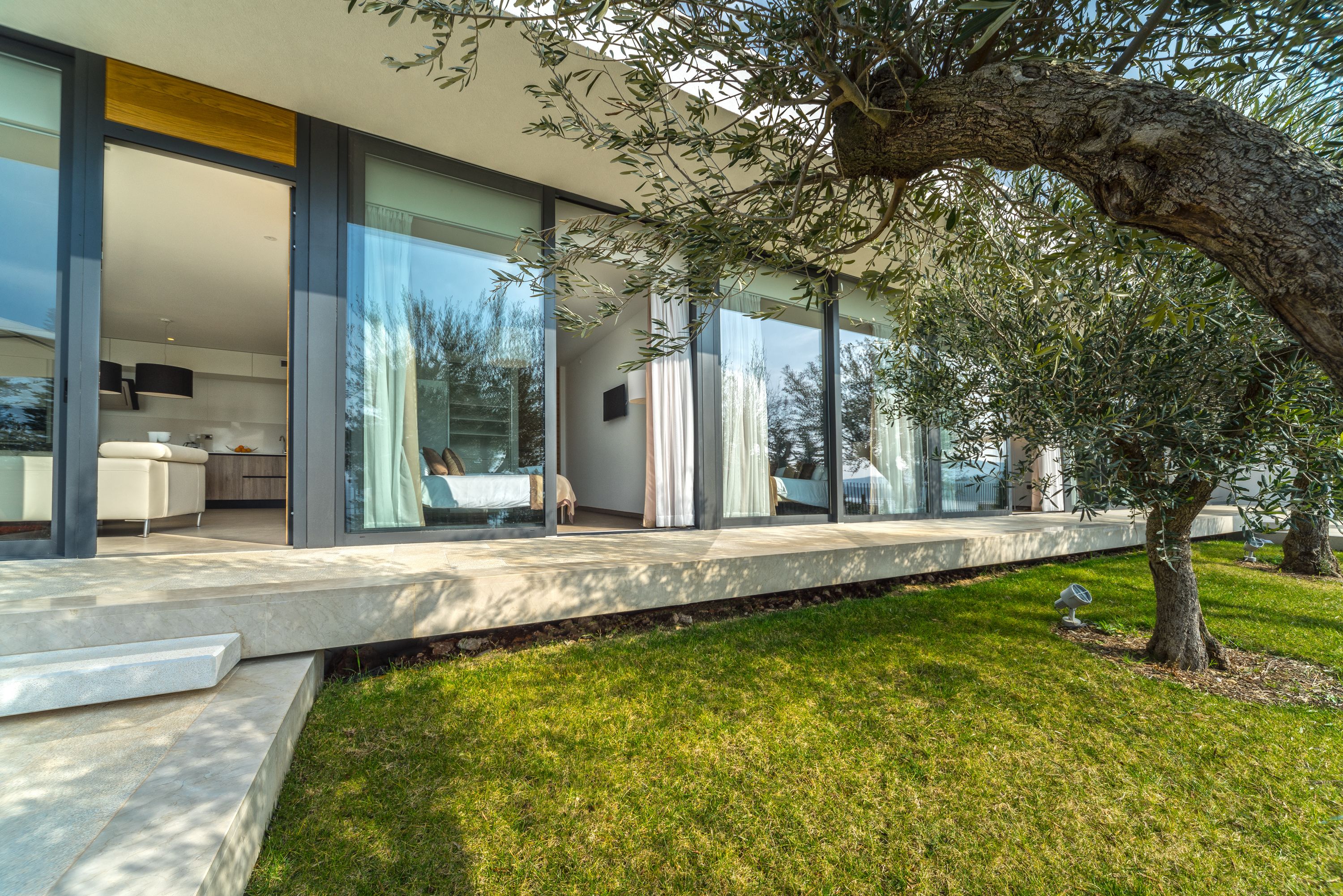 Une maison moderne avec de grandes fenêtres en verre, une pelouse bien entretenue et un arbre.