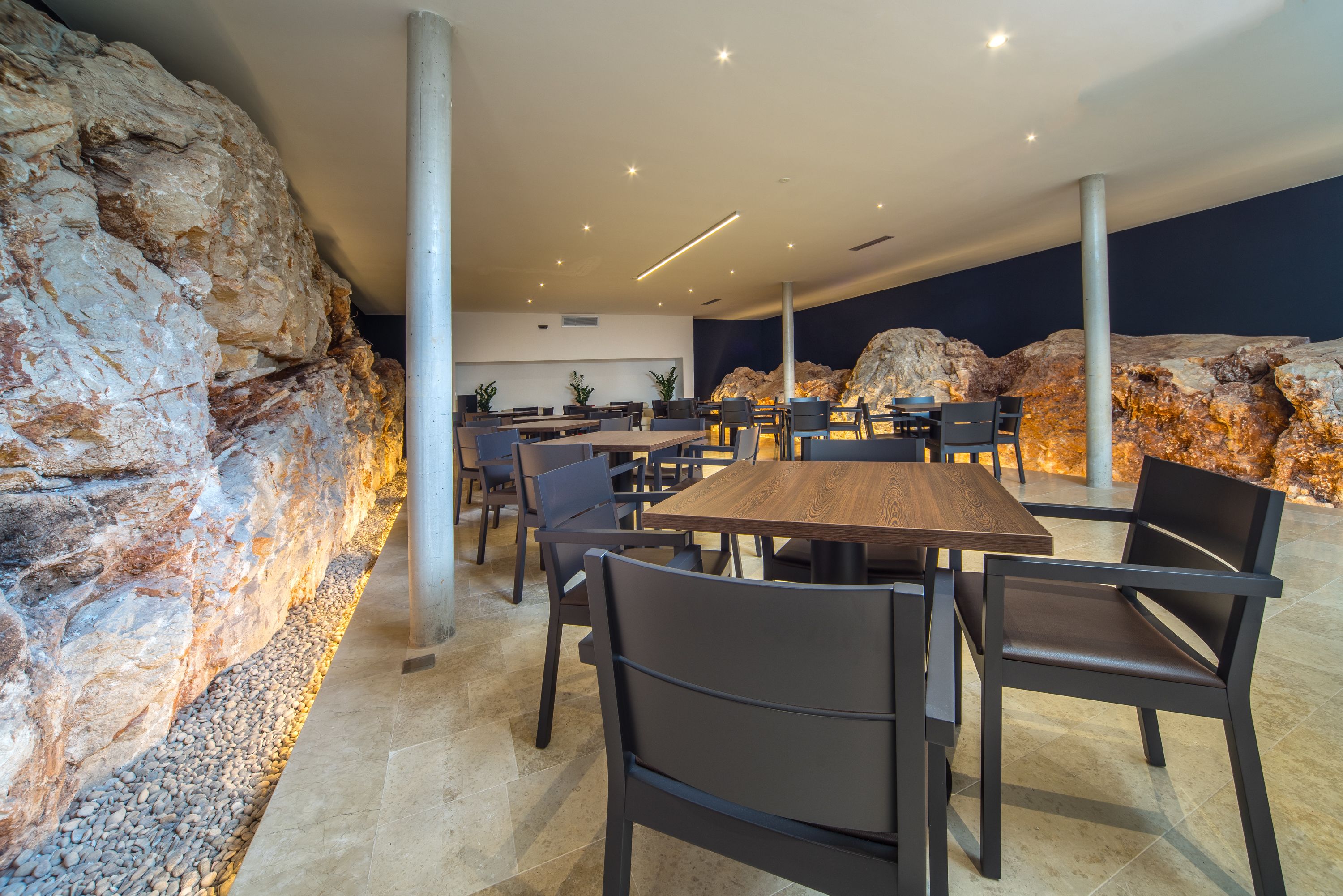 A modern dining area with a large wooden table and multiple chairs, set against a backdrop of rock formations and a dark wall.