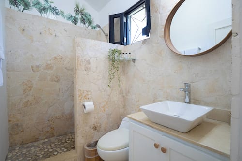Shower, free toiletries, hair dryer, towels