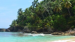A beach with clear turquoise water, palm trees, and rocky outcrops.