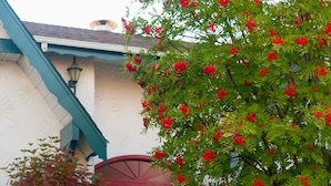A house with a red door, white railings, and a garden with various plants and flowers. - Grama's Inn (Prince George)
