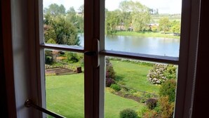 A view through a window of a garden with a pond, trees, and a grassy area. - Hotel Boutique Casa Werner (Llanquihue)