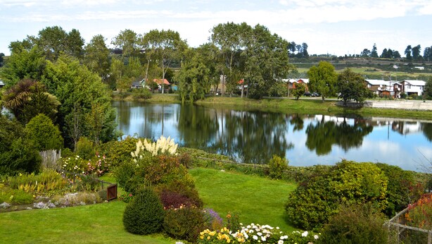 A serene lakeside garden with a pond, lush greenery, and a variety of flowering plants. - Hotel Boutique Casa Werner (Llanquihue)