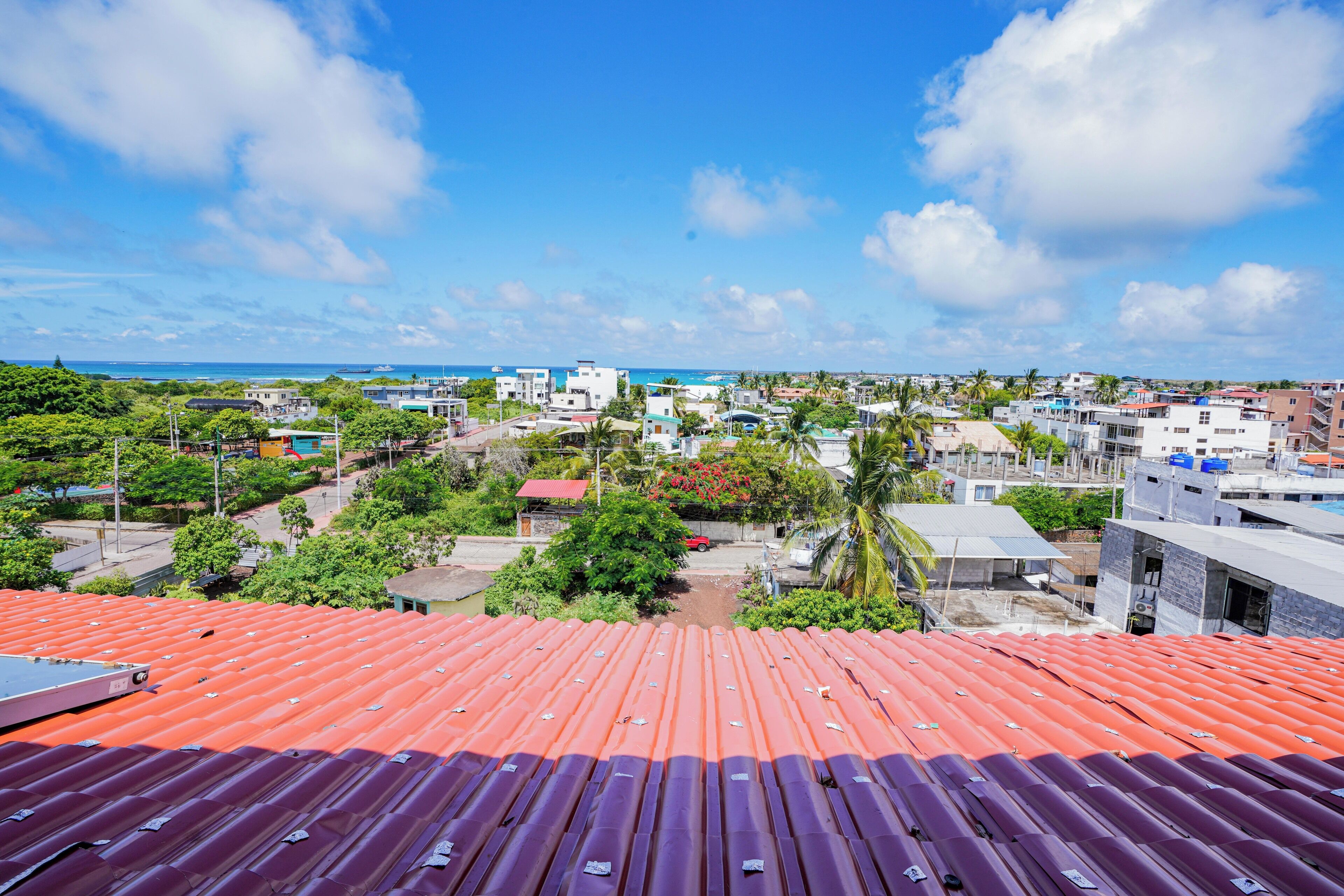 A view from a rooftop with a red and purple roof, overlooking a coastal town with buildings, greenery, and the sea.