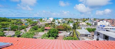 A view from a rooftop with a red and purple roof, overlooking a coastal town with buildings, greenery, and the sea.