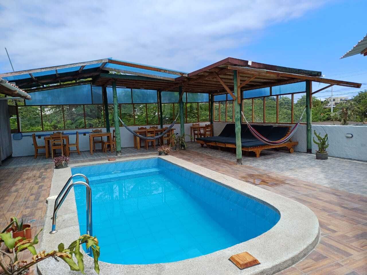 A swimming pool with a wooden deck, outdoor seating, and a hammock.