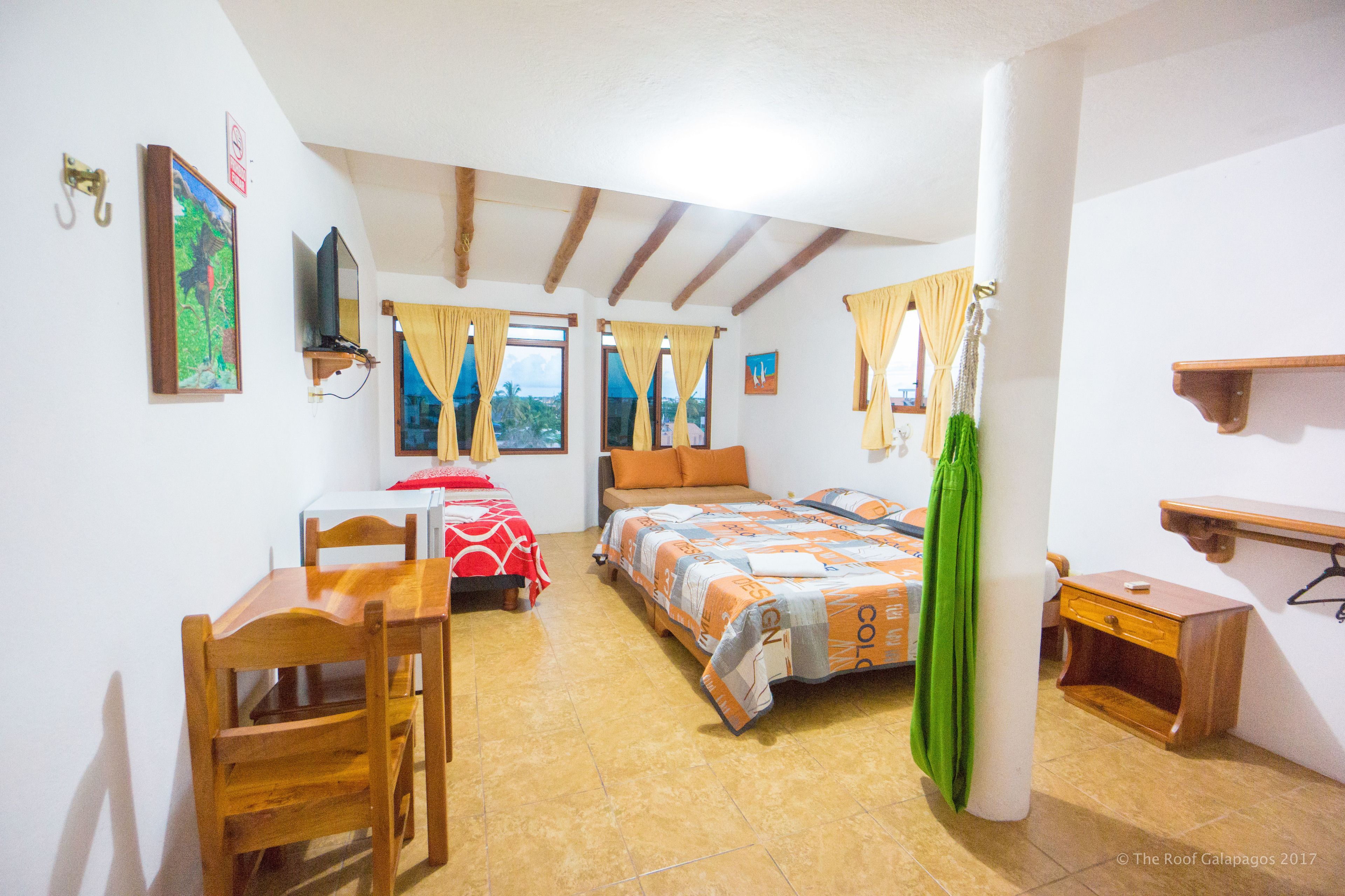 Una stanza con un letto, una scrivania e una sedia. Si vede una finestra con tende, una televisione a parete e un piccolo ripiano.