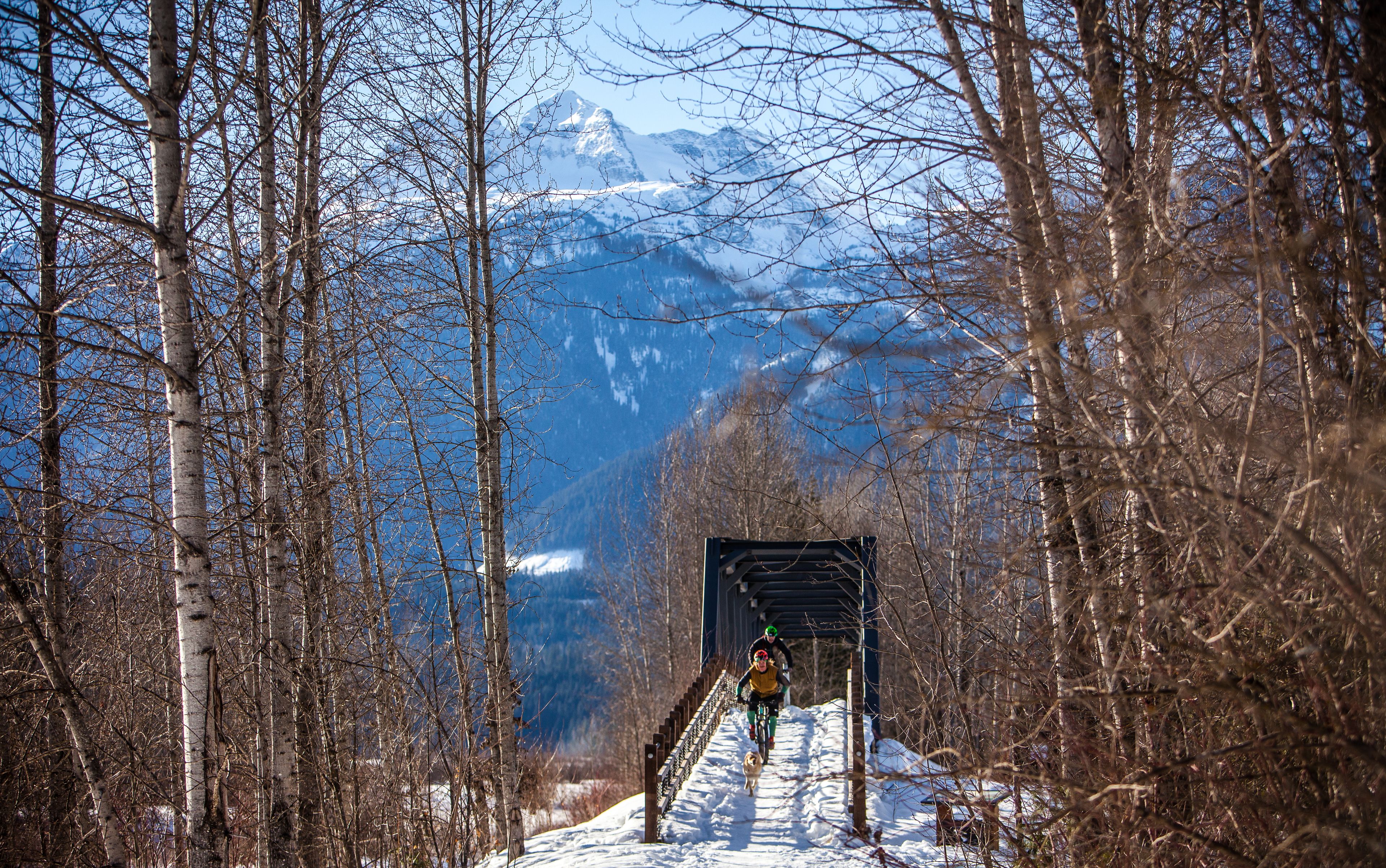 Ein verschneiter Pfad mit einer Holzbrücke und einem Berg im Hintergrund.