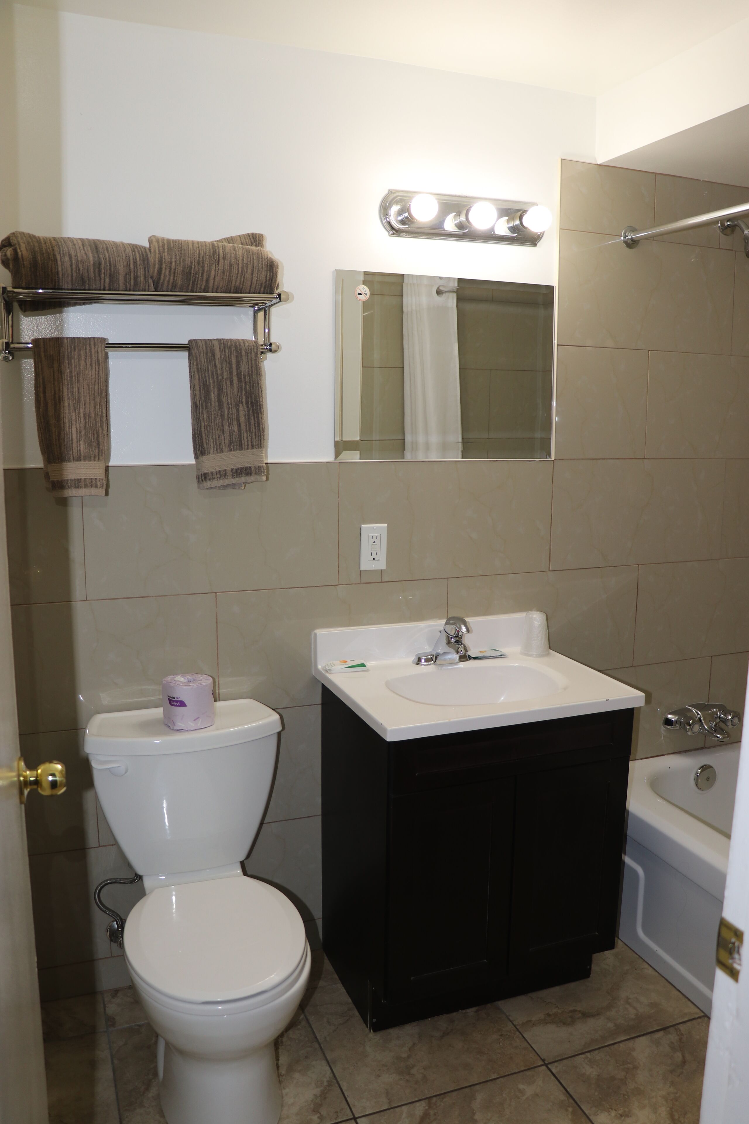 Combined shower/tub, hair dryer, towels, soap