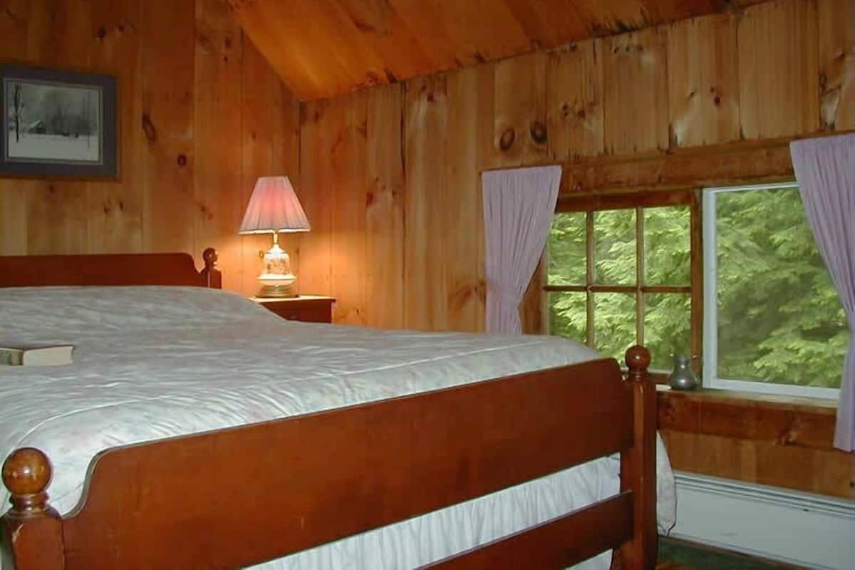 A wooden cabin bedroom with a bed, a bedside lamp, a window with curtains, and a framed picture on the wall.