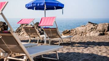 Private beach, sun loungers, beach umbrellas, snorkeling