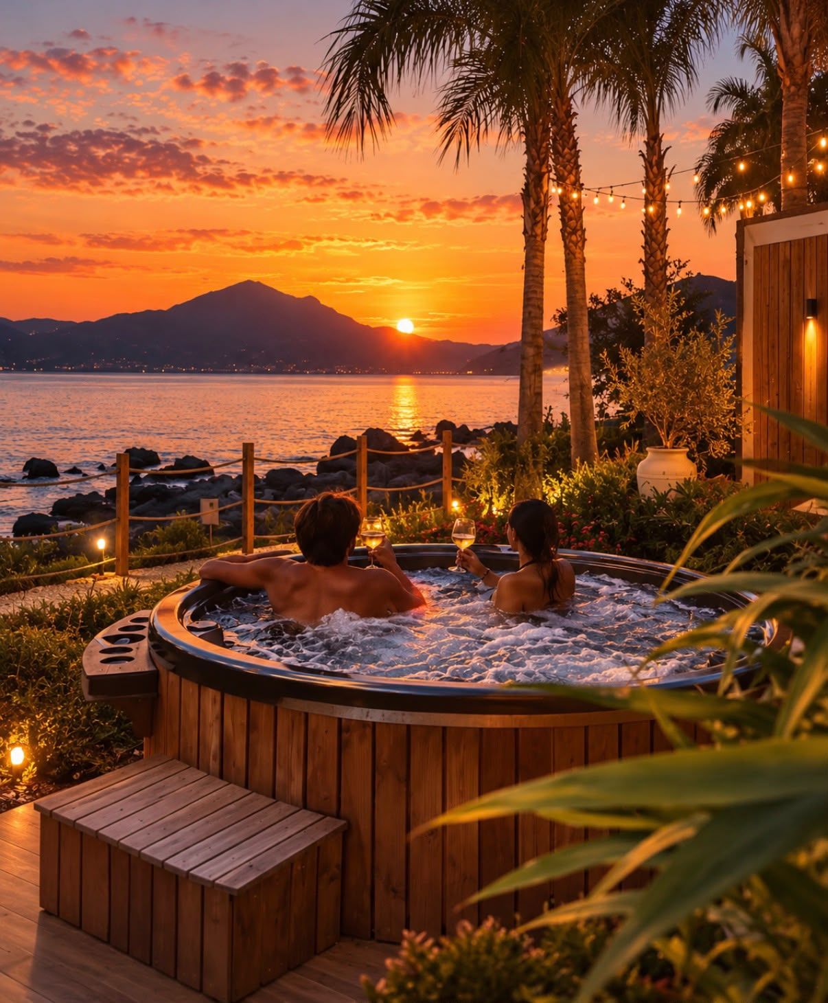 A hot tub with two people, surrounded by wooden deck and plants, overlooking a body of water at sunset.