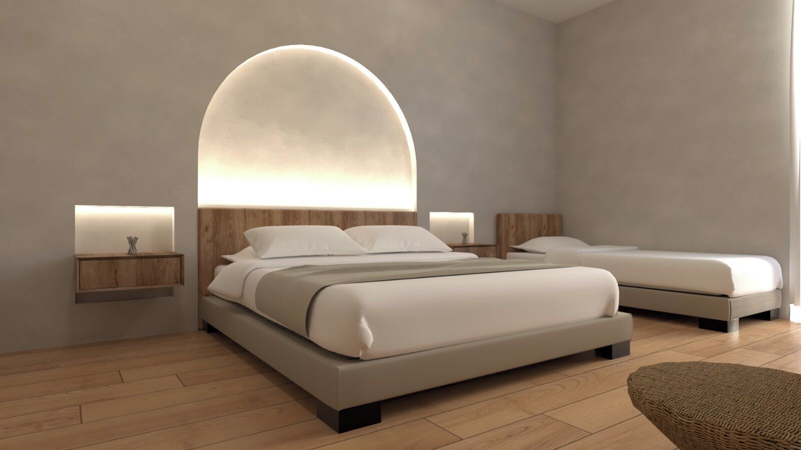Habitación triple Confort, vista parcial al mar | Ropa de cama de alta calidad y minibar 