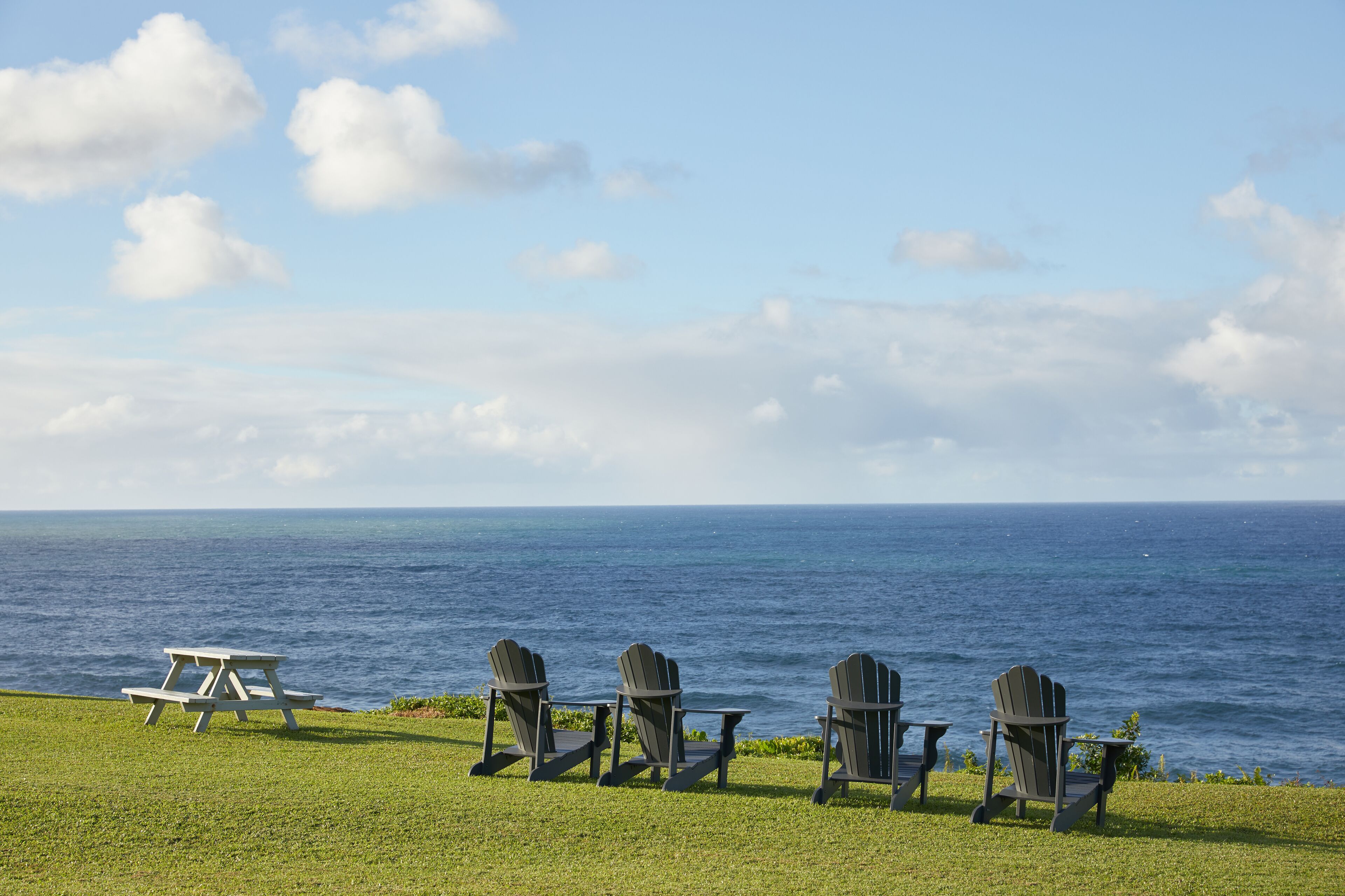 Une zone herbeuse avec une table de pique-nique et quatre chaises Adirondack, le tout donnant sur une étendue d’eau sous un ciel partiellement nuageux.