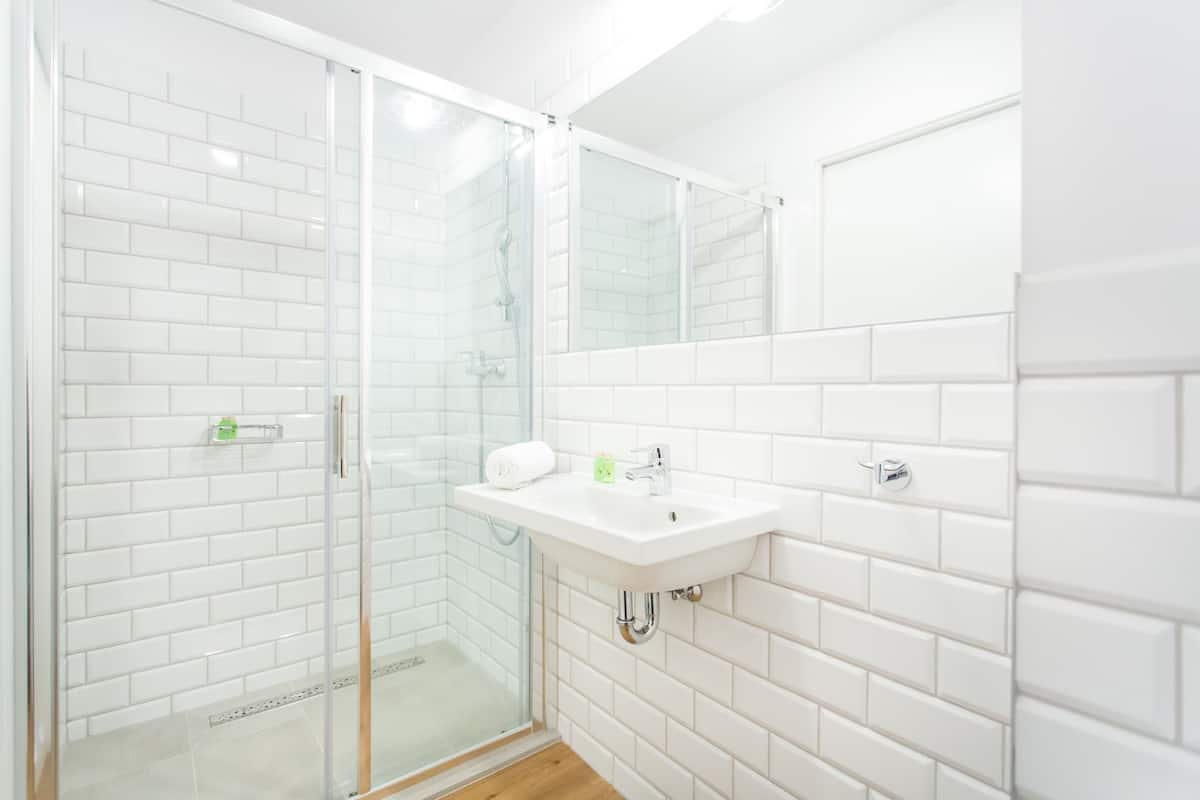 deluxe room | bathroom | shower, hair dryer, towels