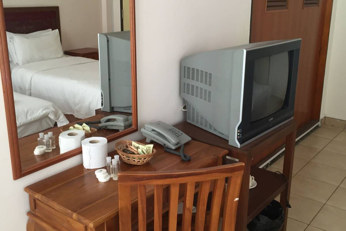 Una habitación de hotel con un escritorio de madera, televisor, teléfono y espejo.