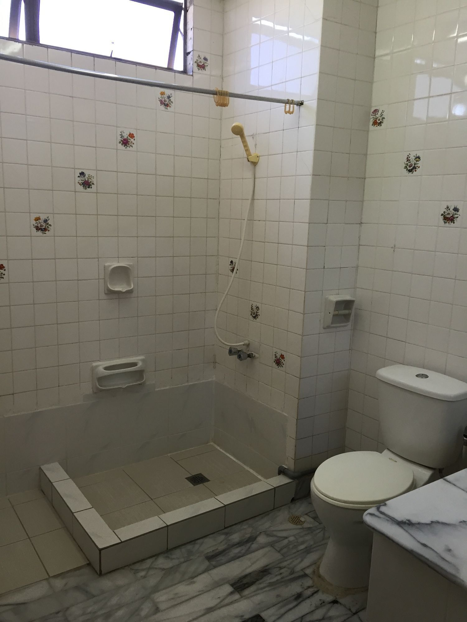 A bathroom with a shower, toilet, and a small sink.