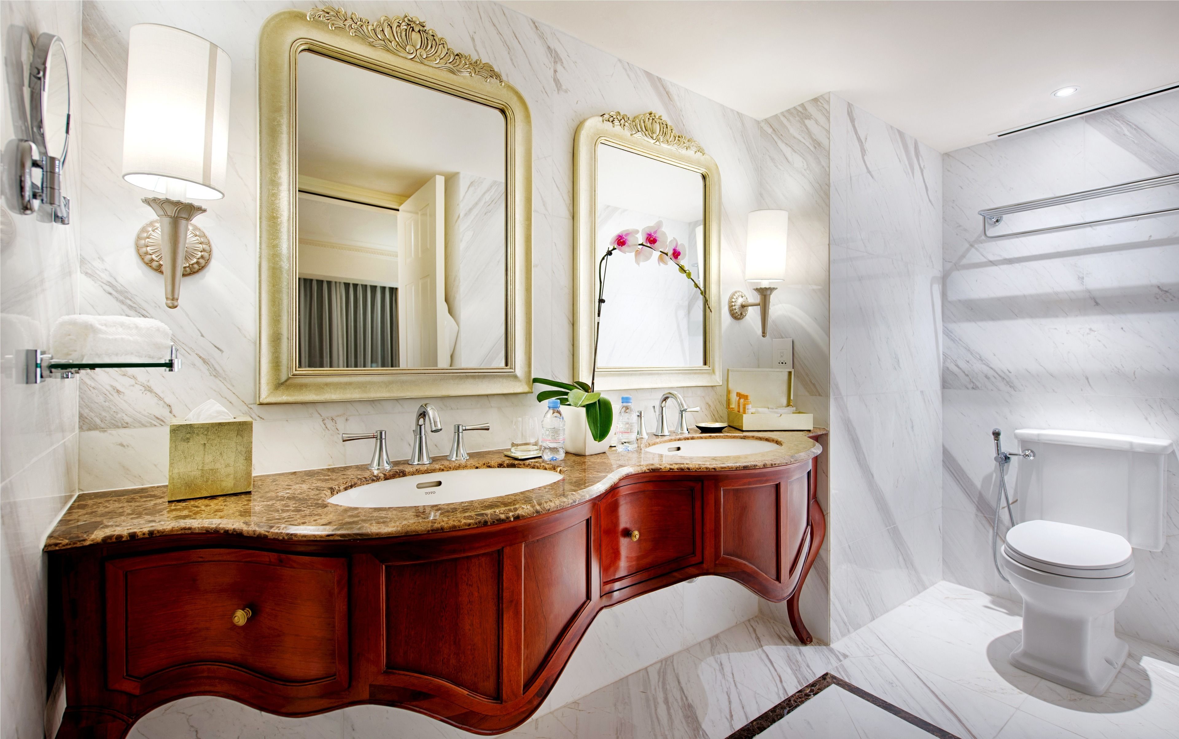 hair dryer, bathrobes, slippers, bidet