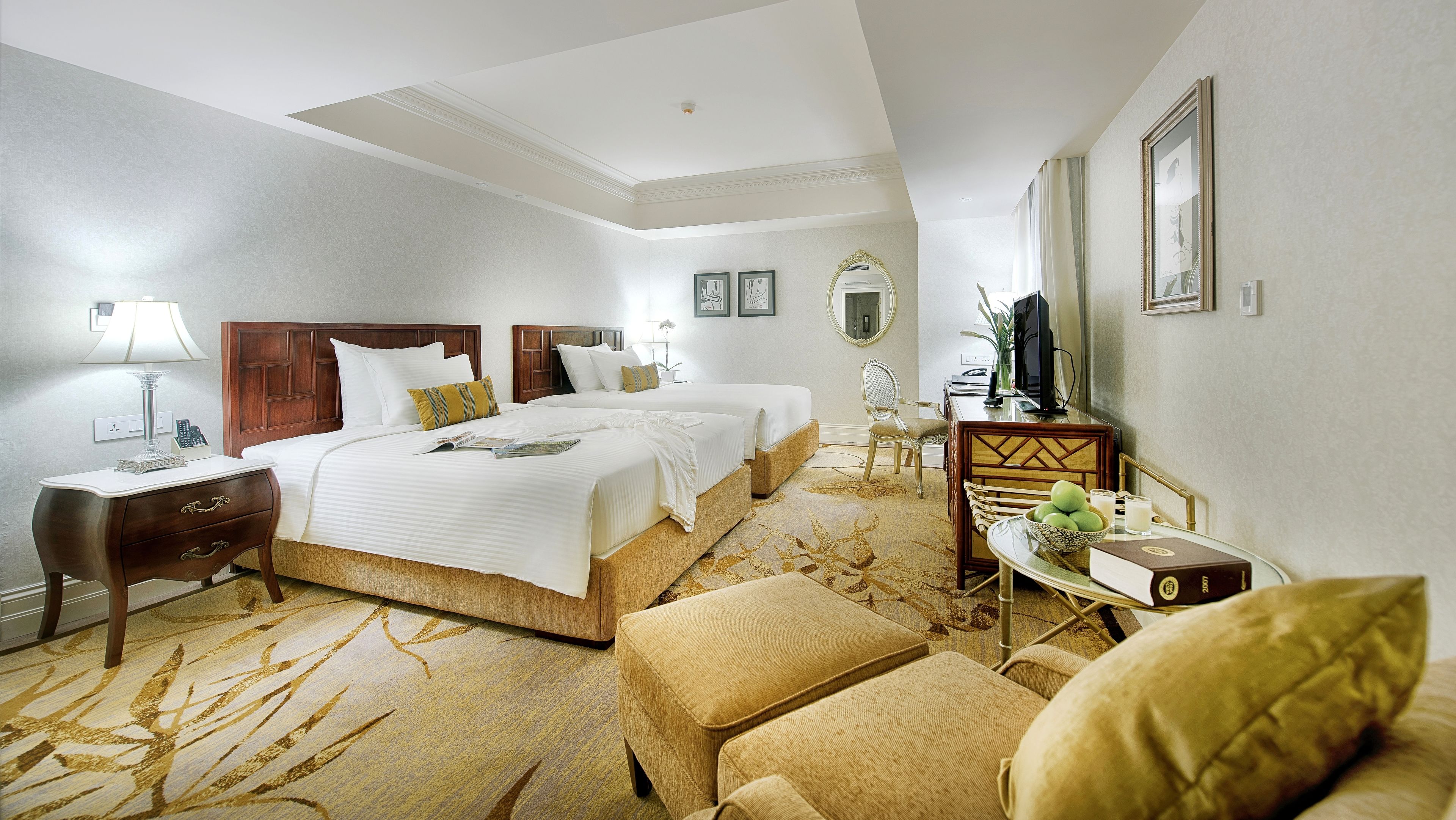 deluxe sketch family room | premium bedding, minibar, in-room safe, desk